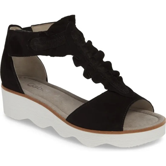 GABOR Shoes - Gabor Samtchevreau Black T-Strap Wedge Flat Sandal